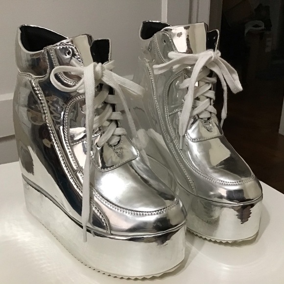 silver metallic platform sneakers
